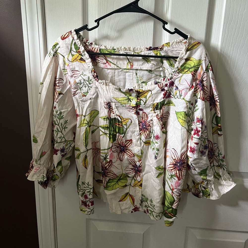 Christian Siriano Floral Blouse in Green, Pink, and Cream